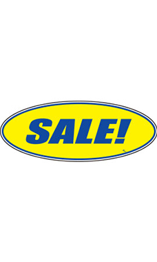 Oval Windshield Slogan Sticker - Blue/Yellow - "Sale!"