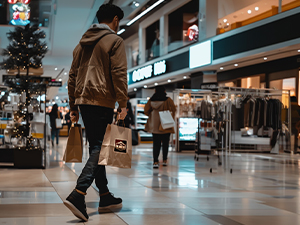 An image of a person holding shopping bags and walking in a mall