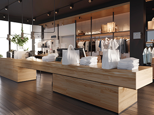 An image of glossy plastic bags sitting on a counter in a clothing store