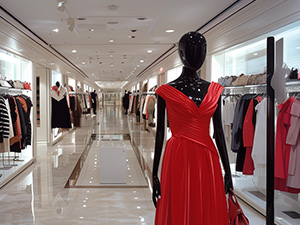 Image of a black mannequin wearing a red dress in a boutique environment