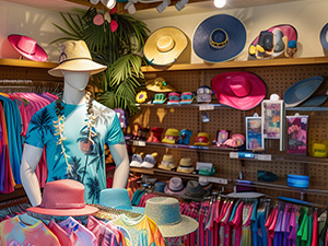 Image of a mannequin wearing a sun hat and palm tree shirt in a shop with tropical decor and clothing