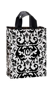 Medium Black Damask Frosted Plastic Shopping Bag
